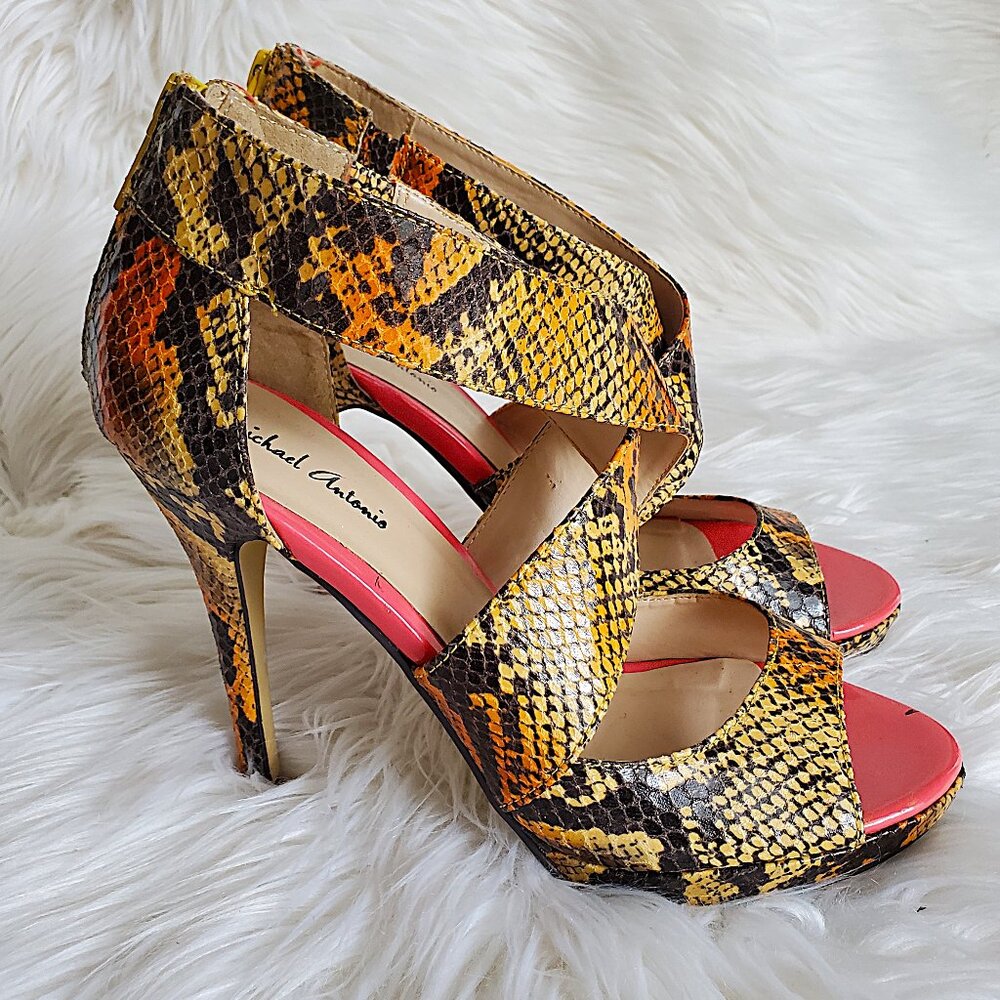 Michael Antonio Reptile Print Open Toe Back Zip Stiletto SZ 7.5